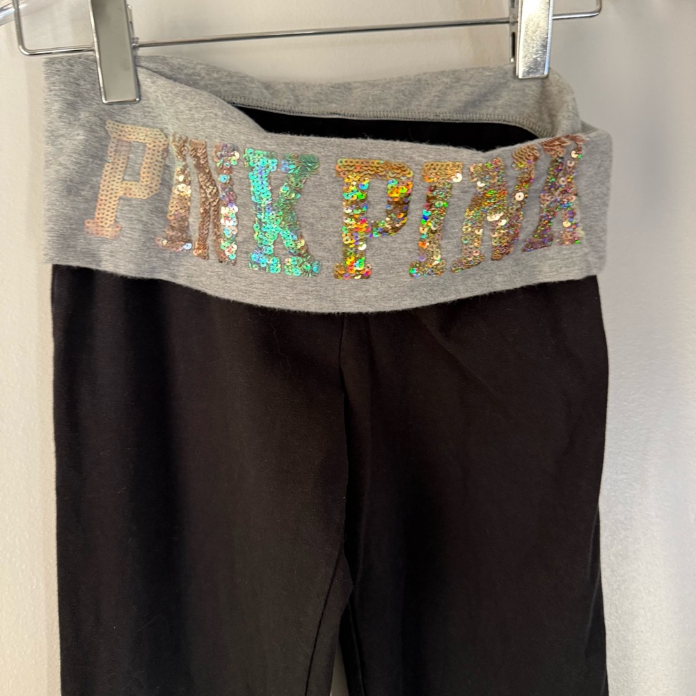VS PINK Y2K bling foldover flare yoga leggings black grey sequin waistband Small - Picture 10 of 14